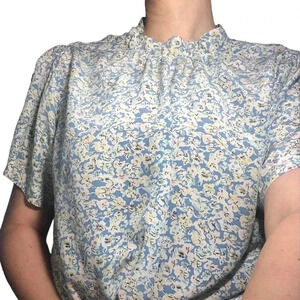 100% silk baby blue flowers, yellow pink short sleeve blouse